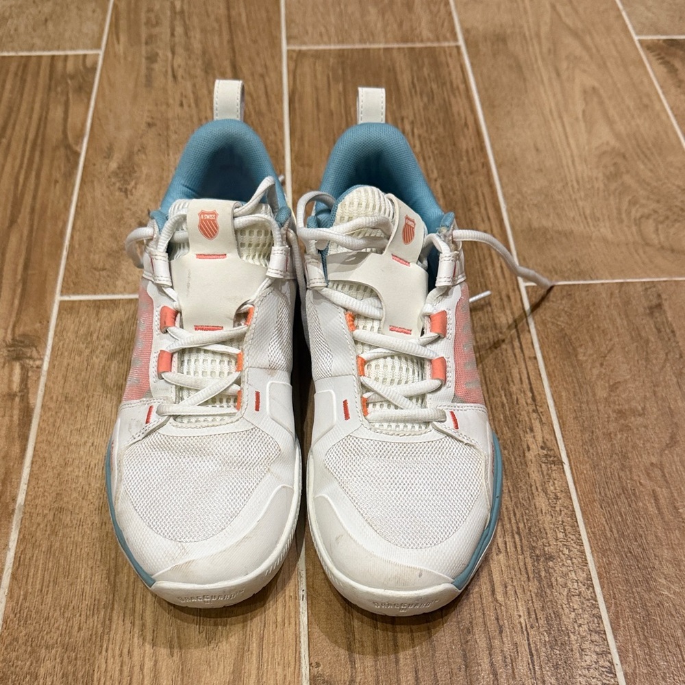 K-Swiss White Athletic Shoes with Light Blue and Coral Accents